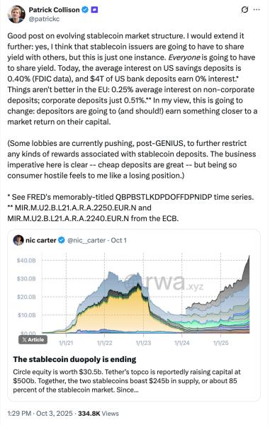 Стейблкоины заставят «всех» делиться доходностью: генеральный директор Stripe Стейблкоины заставят «всех» делиться доходностью: генеральный директор Stripe