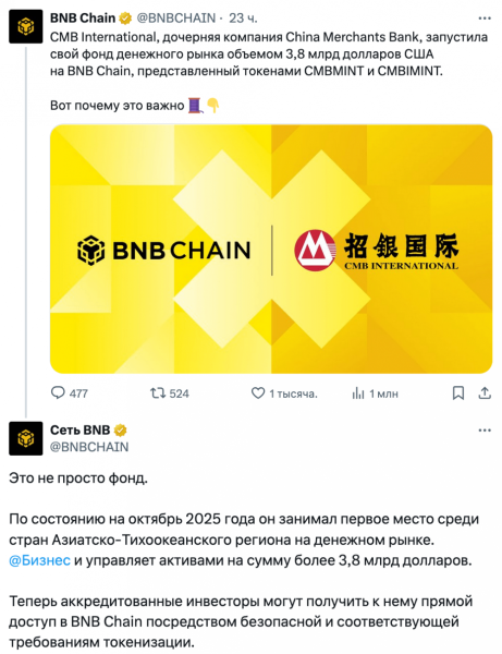 China Merchants Bank токенизировал фонд на $3,8 млрд на BNB Chain China Merchants Bank токенизировал фонд на $3,8 млрд на BNB Chain
